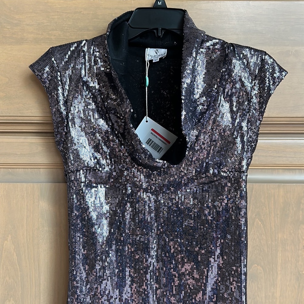NWT Patrizia Pepe sequin cowl neck cap sleeve flapper shift sheath minidress - Picture 3 of 9